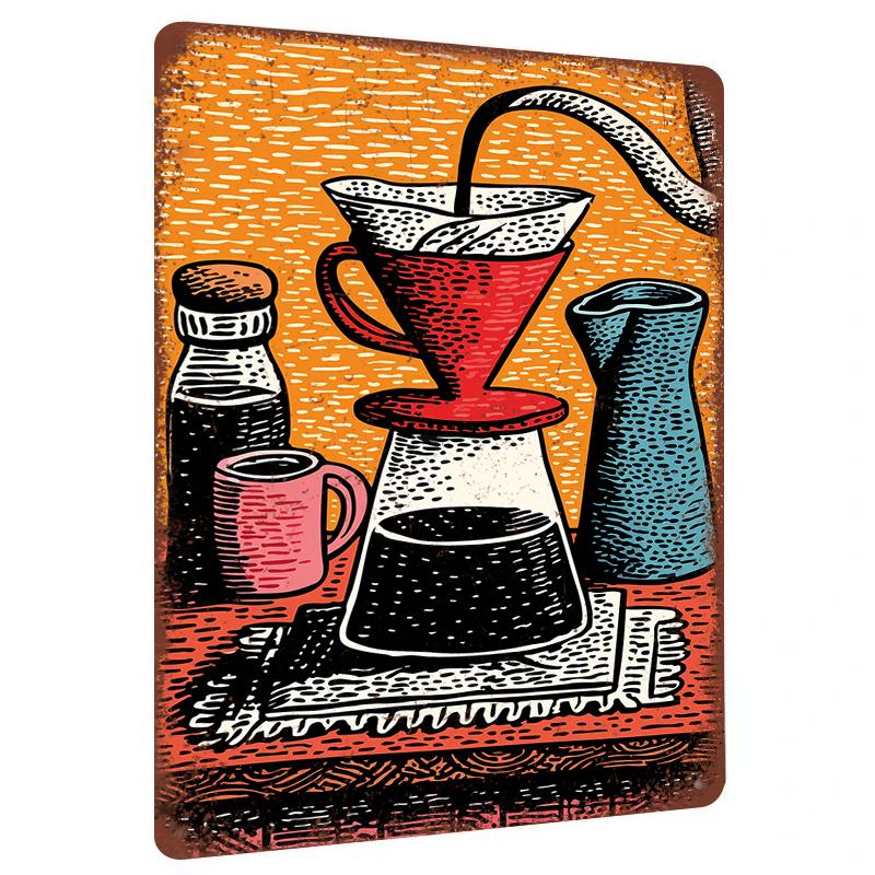 

Vintage Hand Drawn Coffee Utensils Metal Wall Art Modern Kitchen Dining Room Decorative Painting Home Decor Metal Hanging 20x30cm（7.8x11.8inch）