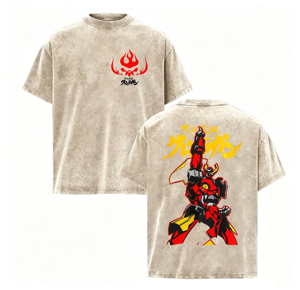 Vintage Washed Anime Tengen Toppa Gurren Lagann Graphic T Shirt Unisexs Oversized Harajuku Fashion Short Sleeve Tshirt Streetwear