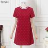 ZANZEA Women Short Puff Sleeve Polka Dot Slim Waist Casual A-line Dress