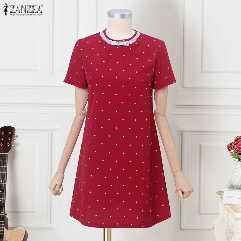 ZANZEA Women Short Puff Sleeve Polka Dot Slim Waist Casual A-line Dress