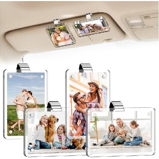 2Pcs Car Picture Holder, Acrylic Car Visor Photo Clip, Personalized Car Accessories Magnetic Car Sunshade Photo Frame For Adding Family Or Personal