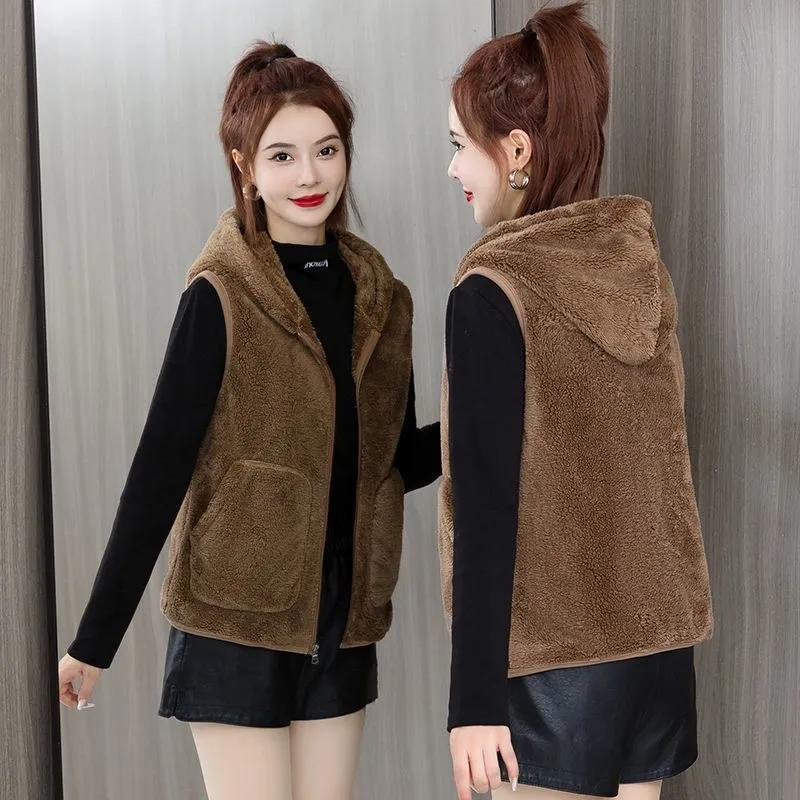 Autumn and Winter Women's Sleeveless Plus Size Vest Loose Casual Vests Loose Thickened Vest Double-sided Fleece Vest Women's Hooded Fleece Vest