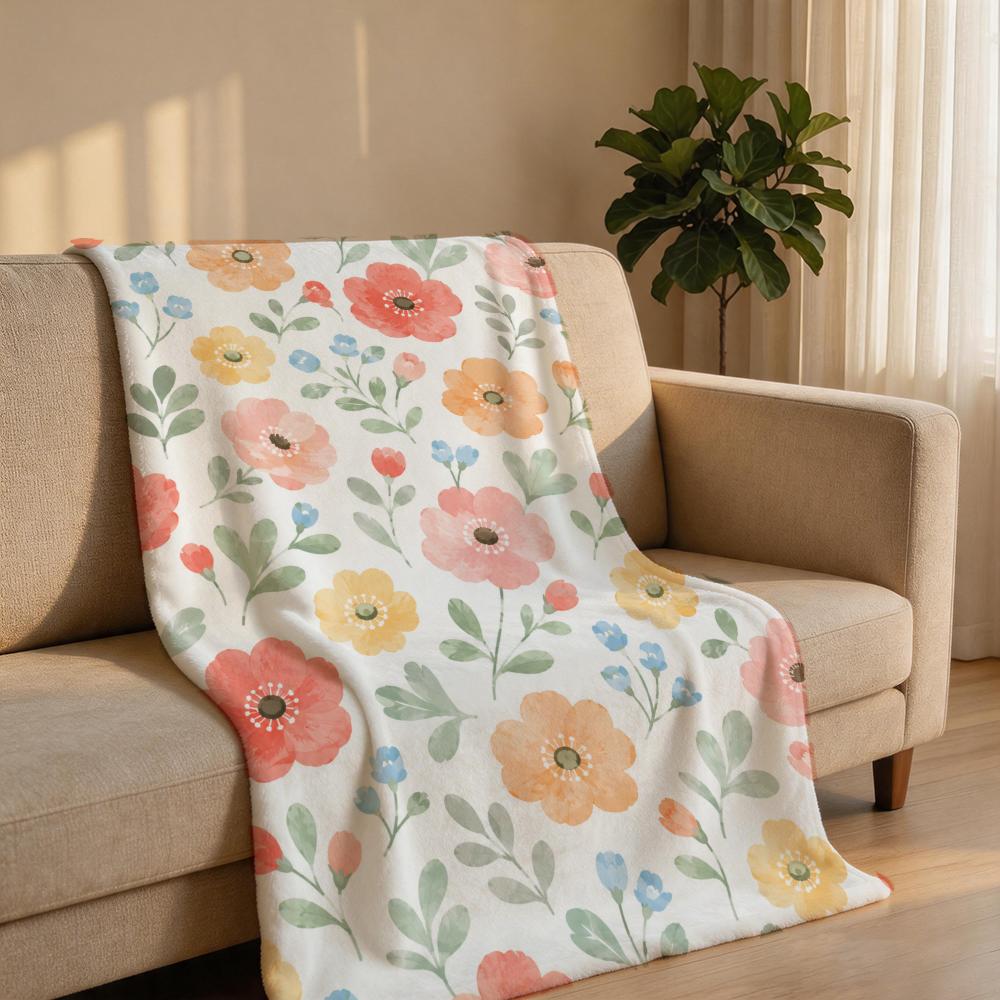 SpringMacaronWatercolorFloral Throw Short Plush Throw Blanket Soft Skin-Friendly Multi-Scene Home Office