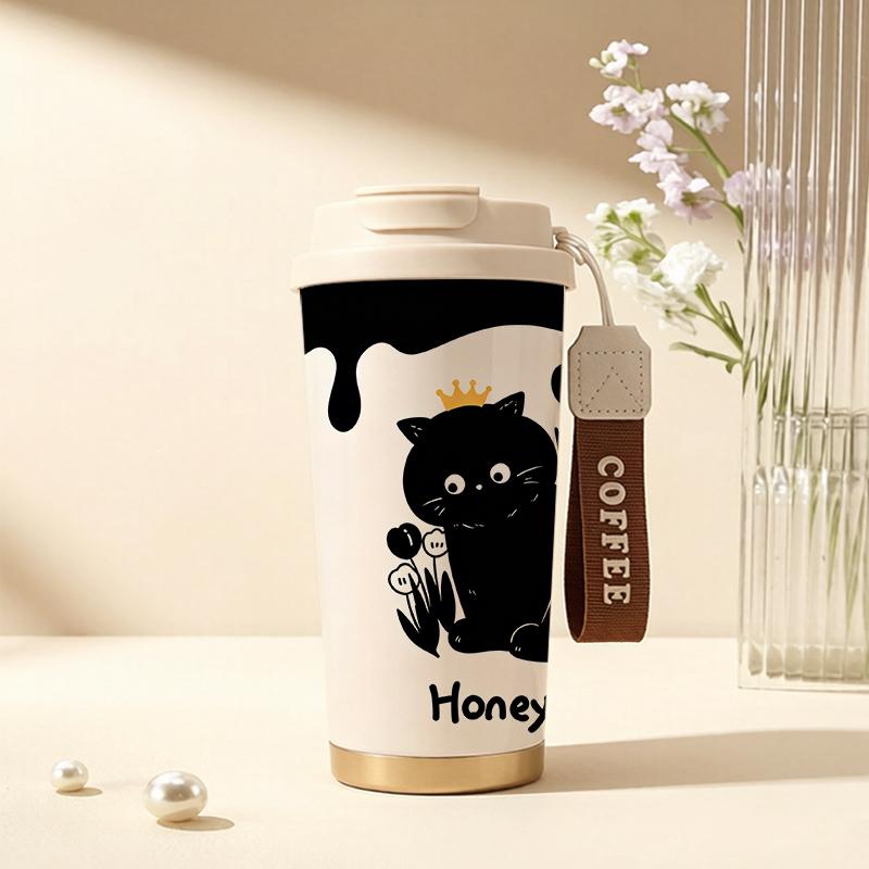 Coffee Mug 532ml Crown, Black Cat & Tulip Elements Lanyard Insulated Cup Lightweight Cup Large Capacity Cup Car Cup Heat Proof Travel Cup