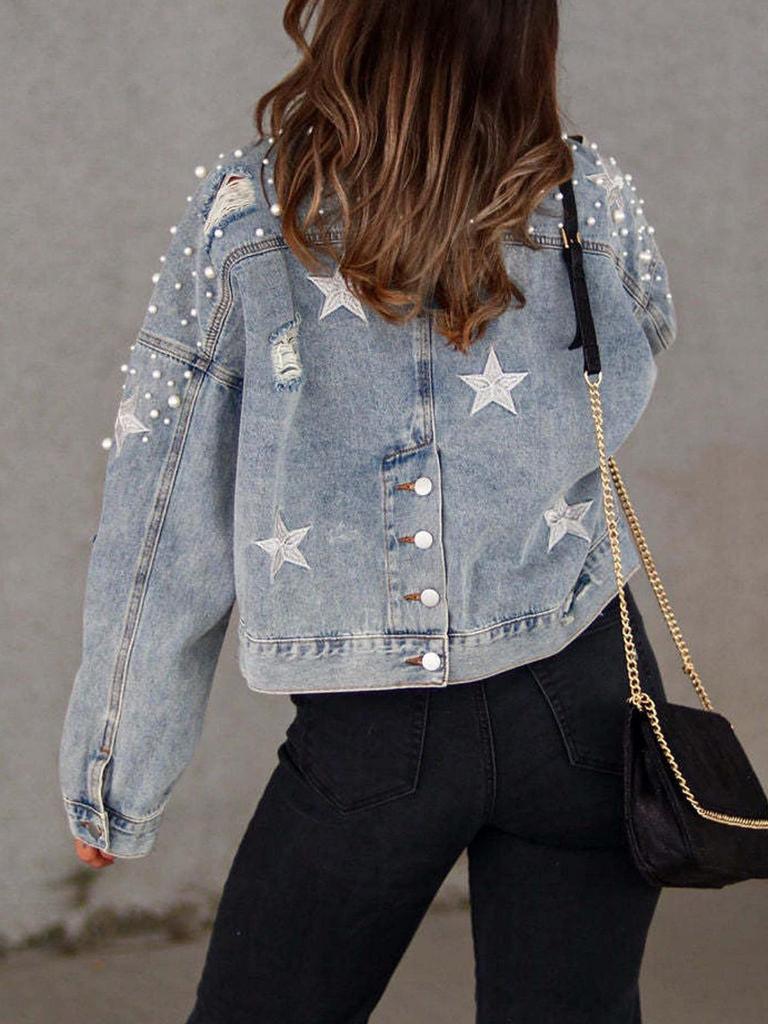 Beaded Embroidered Ripped Denim Jacket - European & American Style, Loose Women's Coat