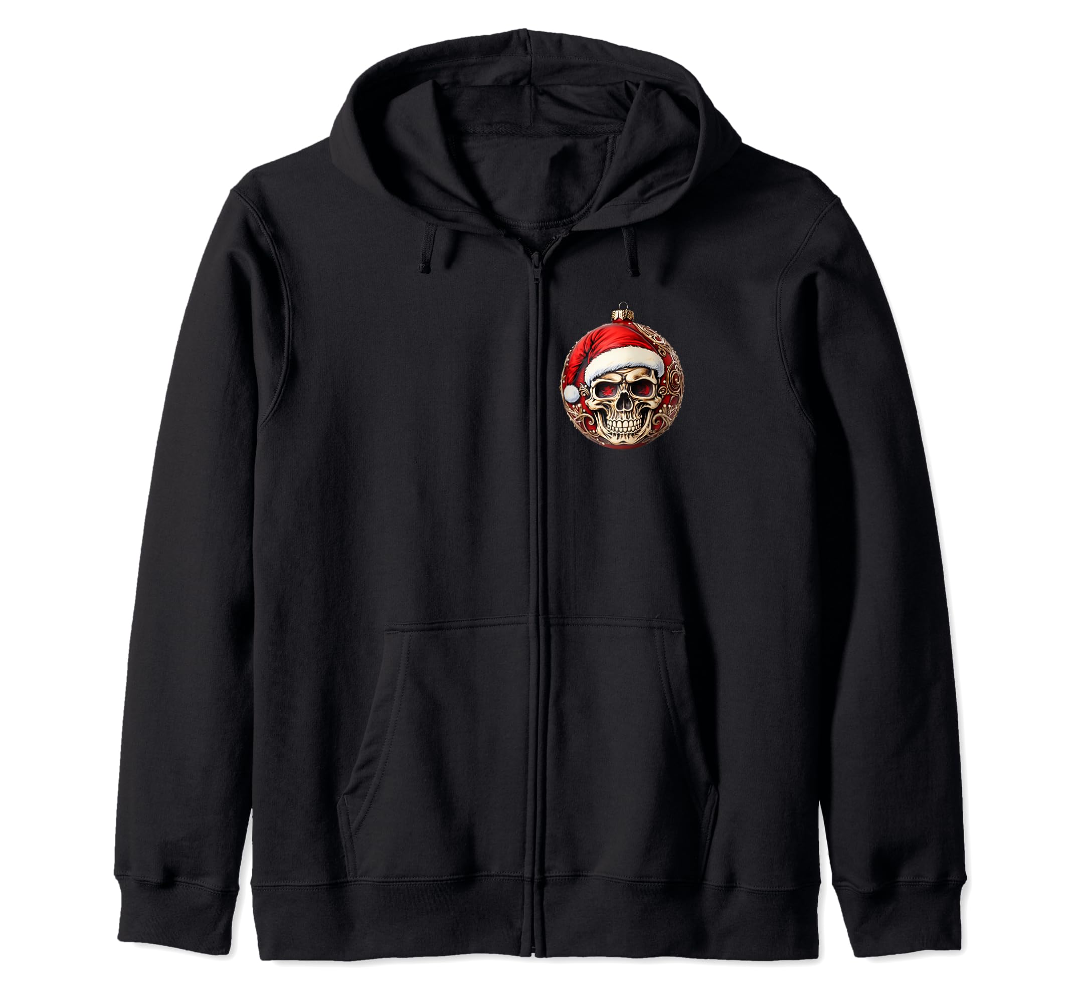 

Skeleton with hat blending into red Christmas ornament zip hoodie