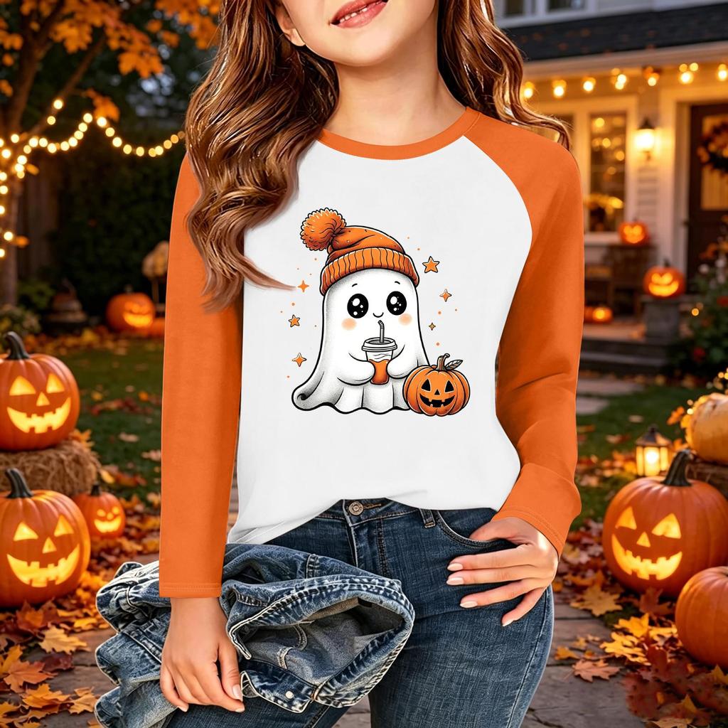 Camiseta Infantil com Estampa de Halloween Manga Longa Casual Gola Redonda para Festa e Uso Diário