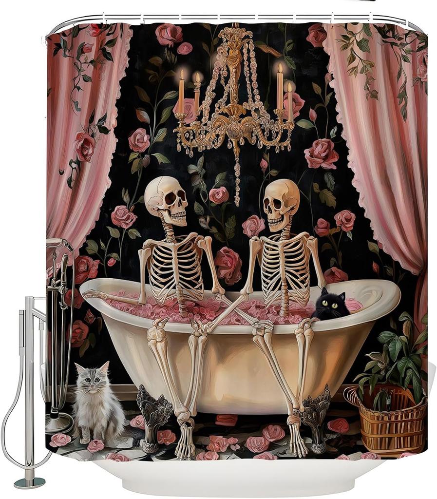 Rolig Skalle Skelett Duschdraperi Gotisk Spöklik Skelettälskare I Badkar Rosa Ros Blommig Svart Katt Halloween Läskig Skräck