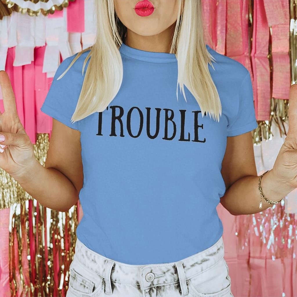 Valentines Day Tshirt Where I GoTrouble Print Funny Letter Graphic T Shirt Women Men Crewneck Y2K Tops Couple Matching Tshirt