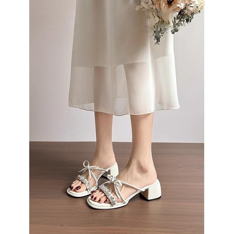 

Beautiful silver sandals women s bow cool slippers thick high heels 40