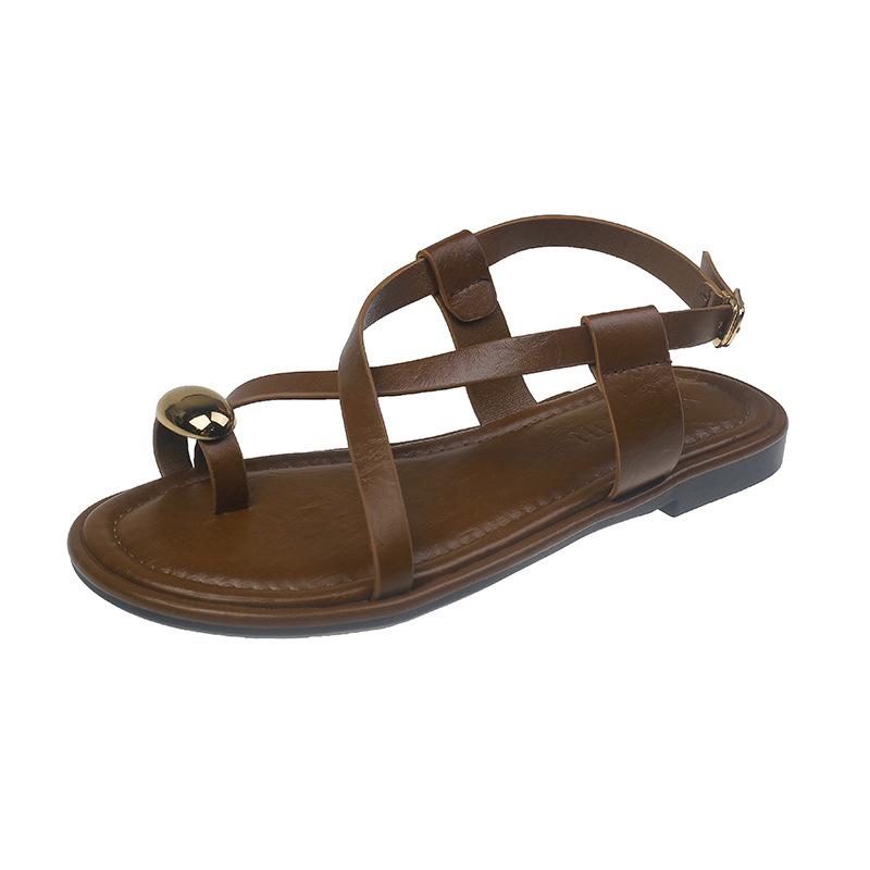 

Korean version thick heel cross one-word buckle sandals women s summer new square head cover toe flat Roman sandals 35 коричневый