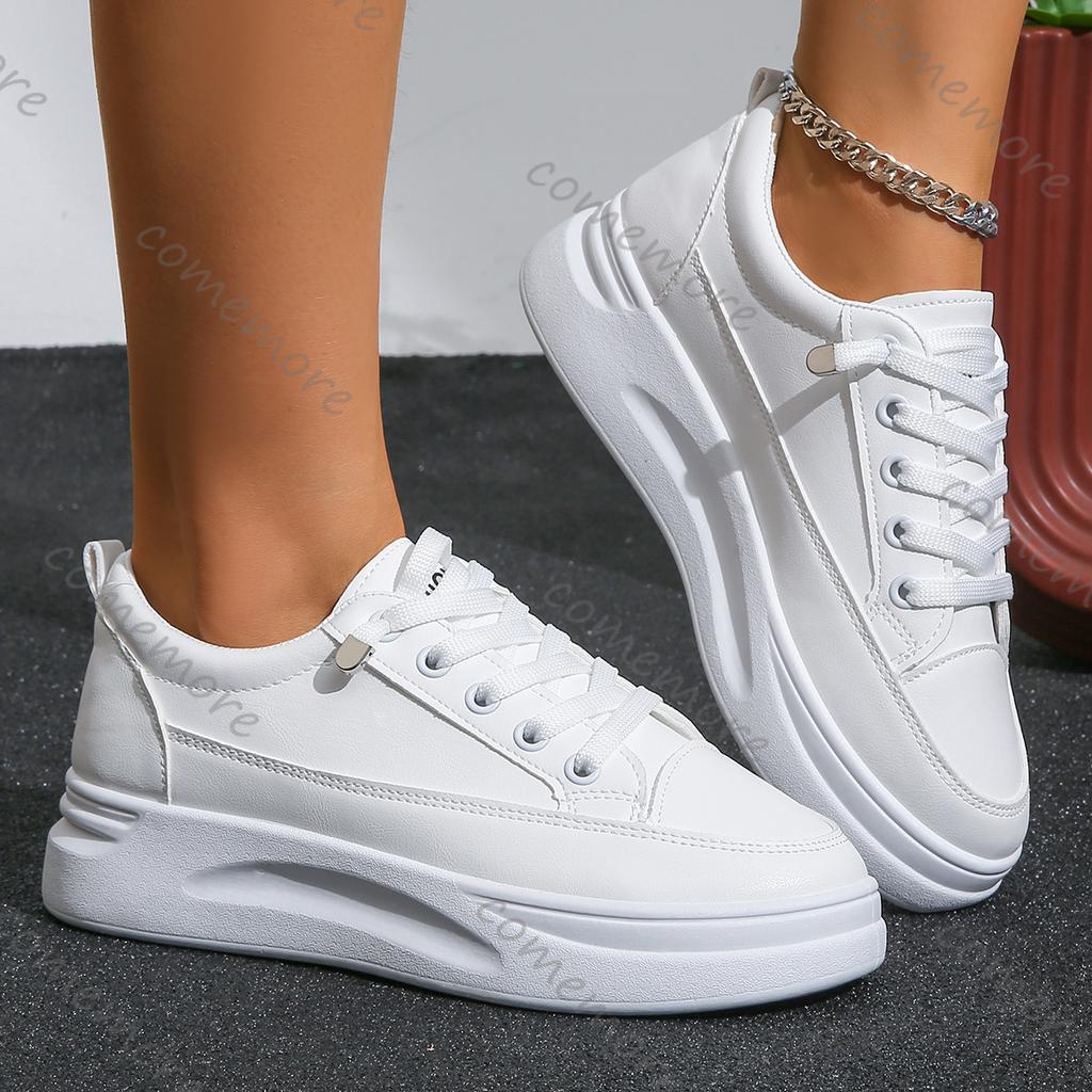 Comemore Spring and Autumn New White Sneakers Casual Thick Bottom Heightening Shoes for Women Lace Up Flat Board Tennis Shoes
