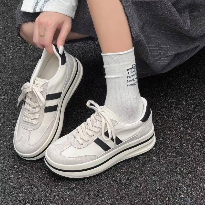 New retro style thick-soled color matching lace-up round head men's and women's height-increasing low-top casual board shoes