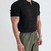 Men Summer Top Turn-down Collar V Neck Jacquard Knitted Solid Color Short Sleeves Loose Stretchy Formal Business Style Mid Length Men Daily Shirt