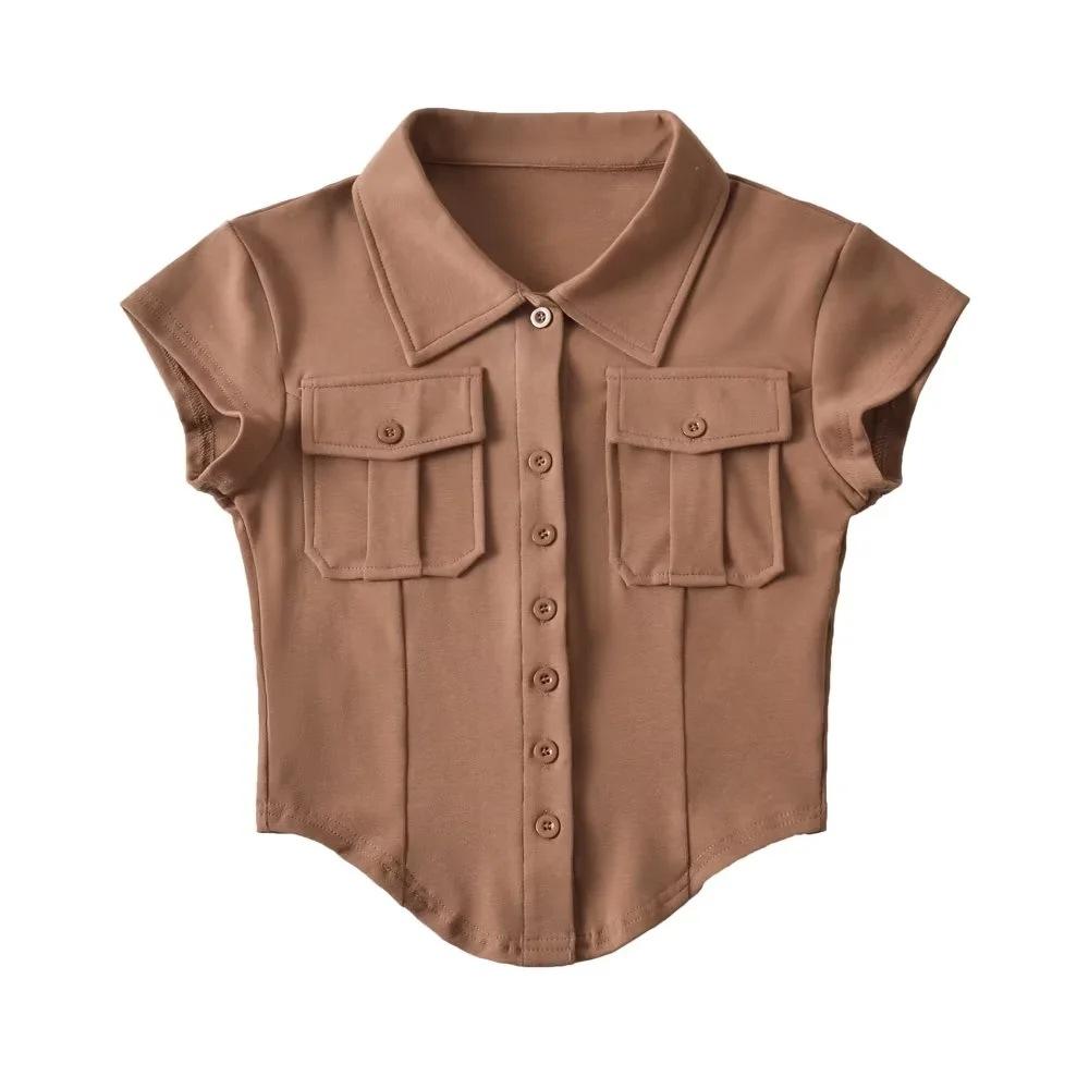 Double Pocket POLO Collar Short Sleeved Women'S New Curved Hem Irregular Top Single Breasted T-Shirt