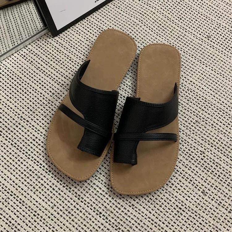 Rindslederversion~ Koreanisches Ein-Wort mit Zehensteg-Cool-Slipper-Set für Damen zum Tragen 2025 Sommer-Strandschuhe Flachboden-Vierkantkopf-Sandalen
