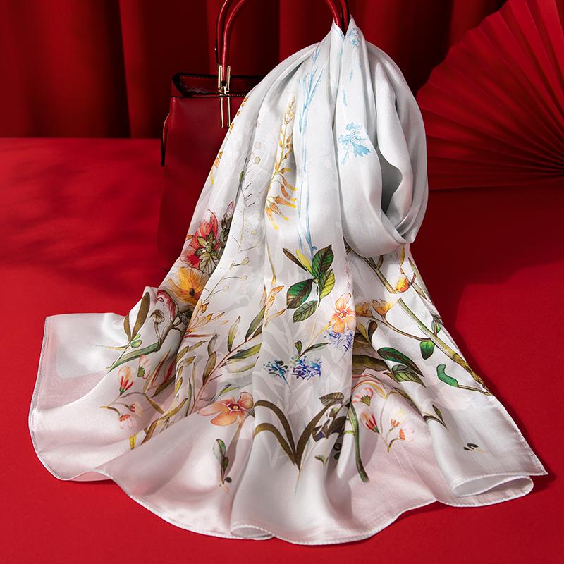 Women Silk Scarf Long Head Scarves Luxury 100% Silk Shawls Wraps Floral Summer Hair Scarf Print Neckscarf Pure Real Silk Scarves