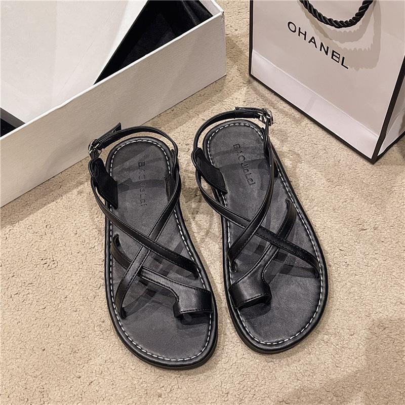 Temperament with skirt flat toe sandals women's 2025 new summer soft sole silver cross with Roman beach sandals