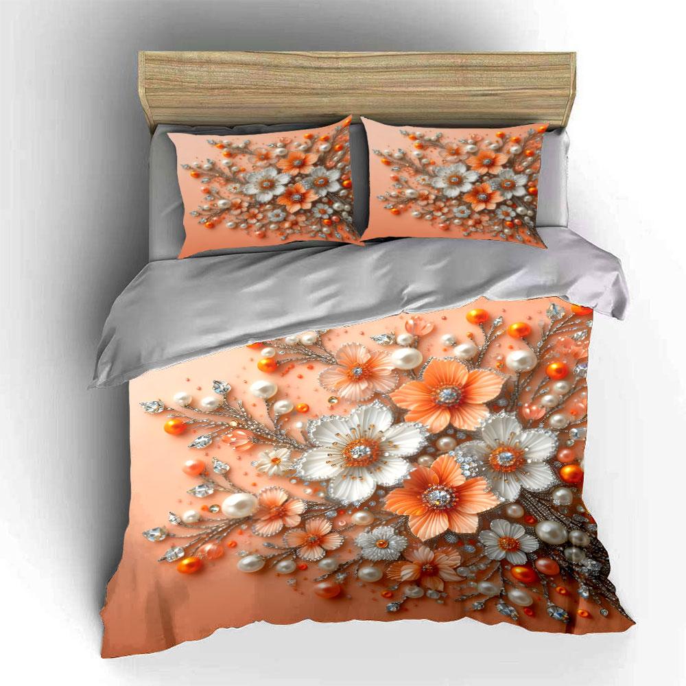 Floral Pearl Gem Art Design Bedding Duvet Cover Set (1*Duvet Cover 2*Pillowcases, Without Duvet Insert)