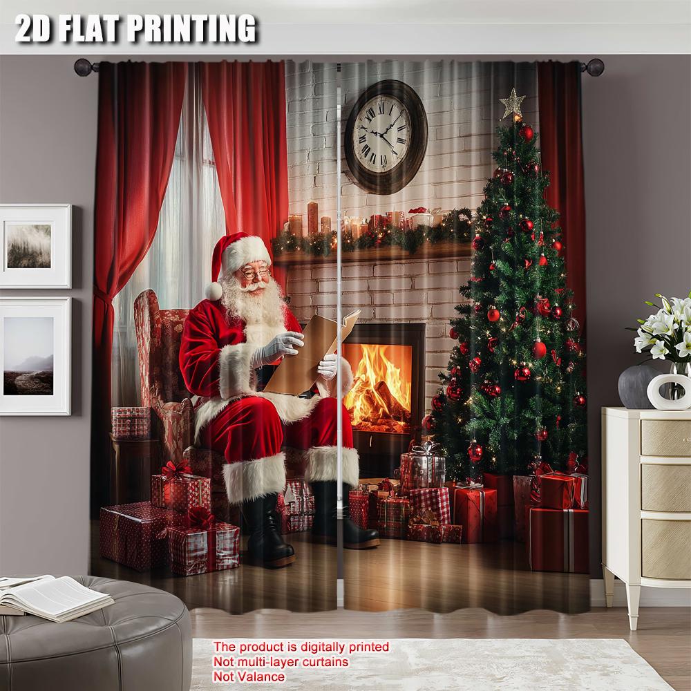 2Pcs Santa Curtains Old Santa Claus Sitting At Home At Christmas Night Reading A Letter Near The Tree Living Room Bedroom Window