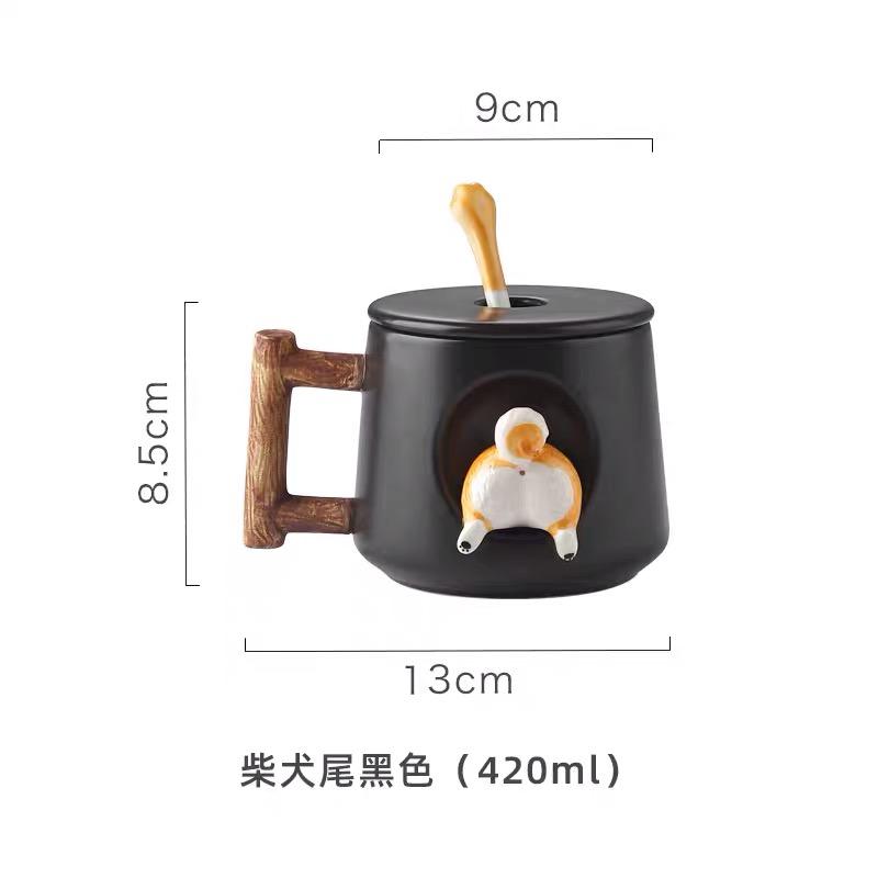 420ml Shiba Inu Pattern Ceramic Coffee Mug Cute 3D Design with Lid Spoon Cartoon Milk Tea Cup for Girls Creative Breakfast Gift