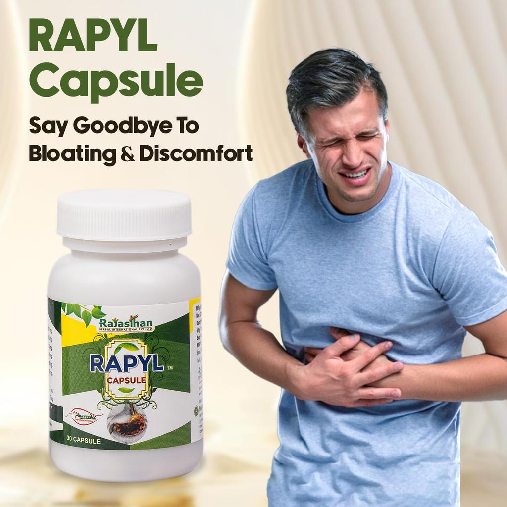 RAPYL Capsules by Rajasthan Aushdhalaya |Indication - Gas | Constipation| Alleviate Digestive |Acidity | Improve Digestion | 30 Capsules