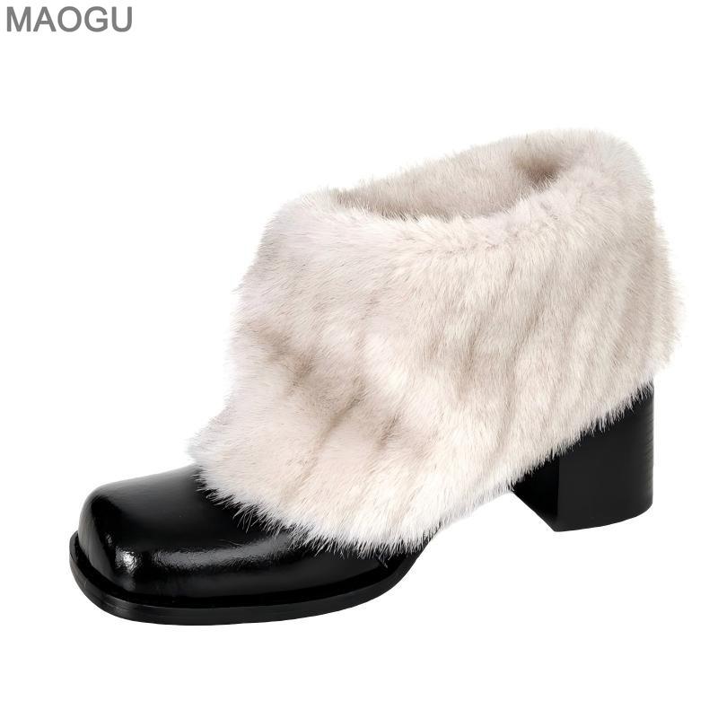 

Chunky Heel Square Toe Furry Short Boots French Style Fur Lined Winter Warm Shoes Slip on Booties Elegant Botas Mujer Size 35-40 35 чёрный