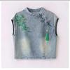 Summer Women Denim Two Piece Set Vintage Embroidered Wide Leg Shorts Chinese Fashion