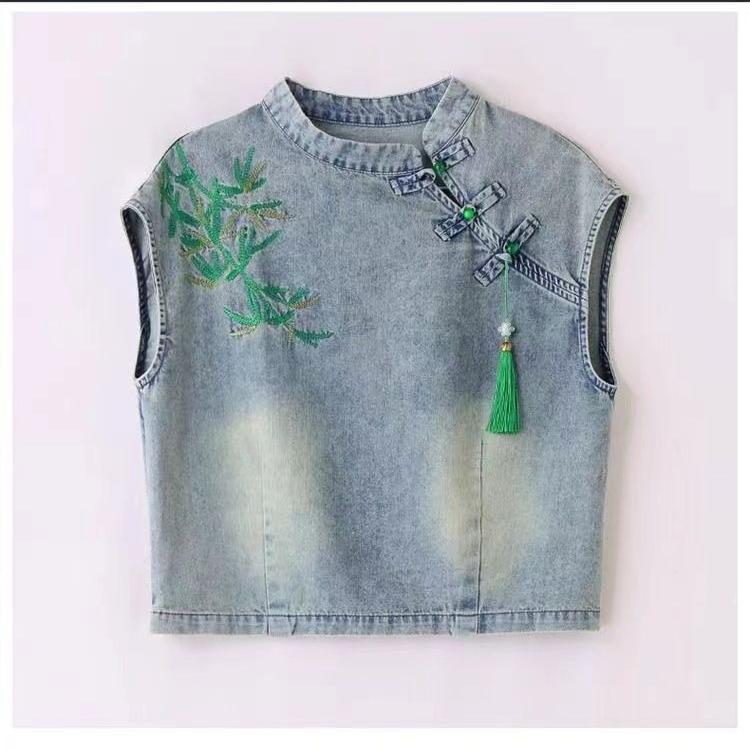 Summer Women Denim Two Piece Set Vintage Embroidered Wide Leg Shorts Chinese Fashion