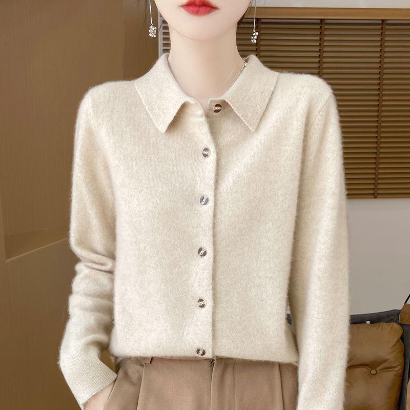 Spring Autumn Women's Wool Cardigan Solid Color Polo Collar Knitted Cardigan Long Sleeve Slim Fit Stretch Wool Cardigan