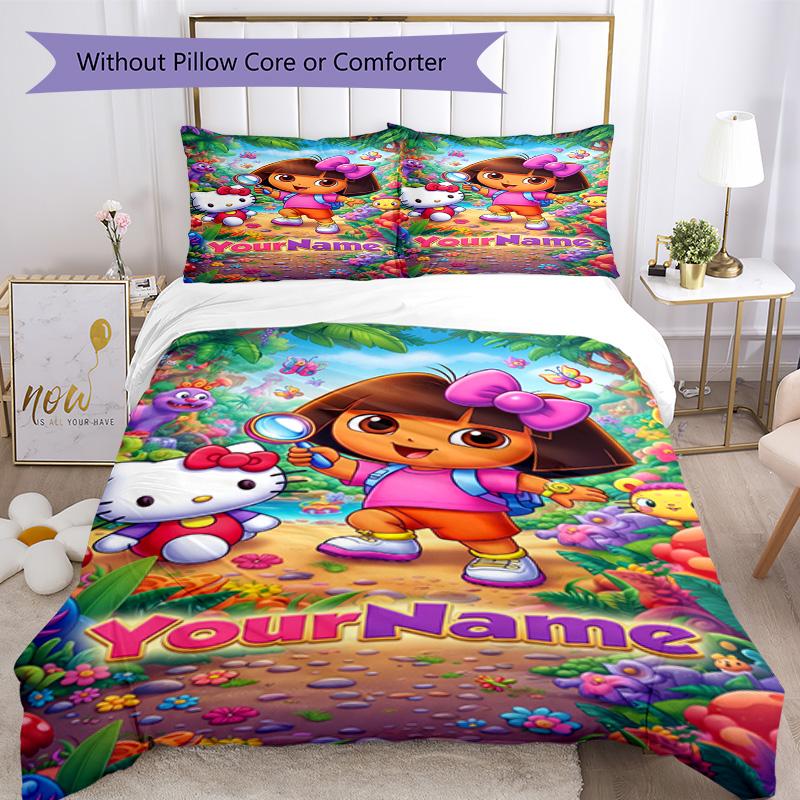 Dora Explorer Customize Your Name Bedding Set Breathable Duvet Cover with Pillowcases Home Decoration Birthday Gift