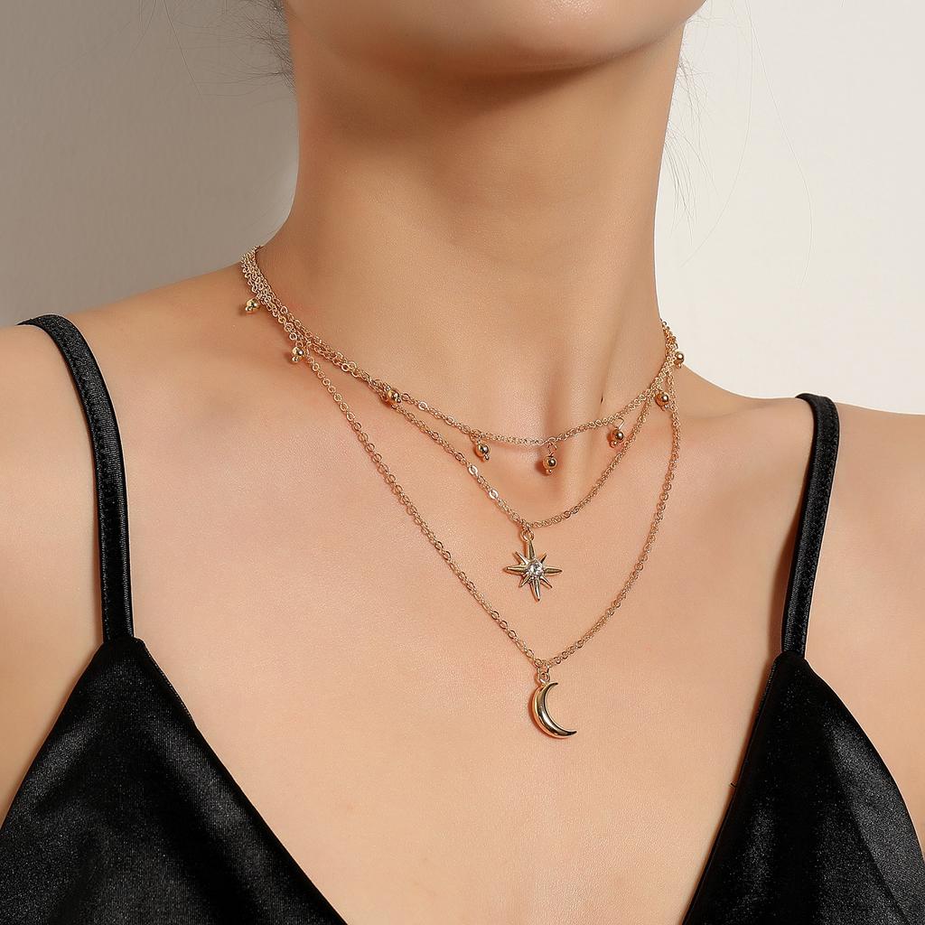 Metal Crescent Moon With Diamonds Starburst Necklace Women Hot Sale Bell Hundred Matching Sweater Collar Jewelry Accessories