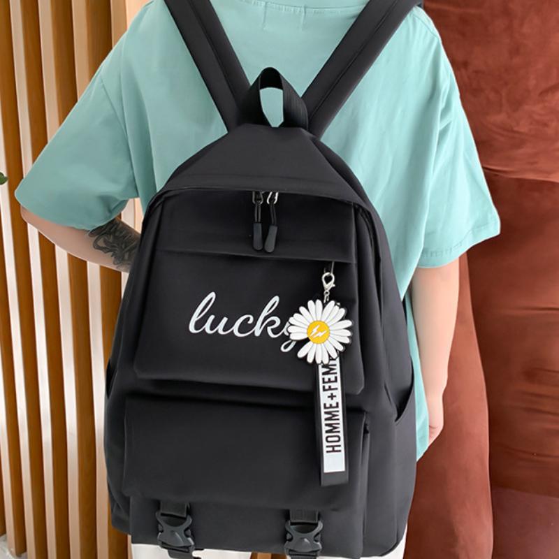 New Fashion Backpack Women's Korean Edition Letter Contrast Backpack Junior High School High School Four Piece Set