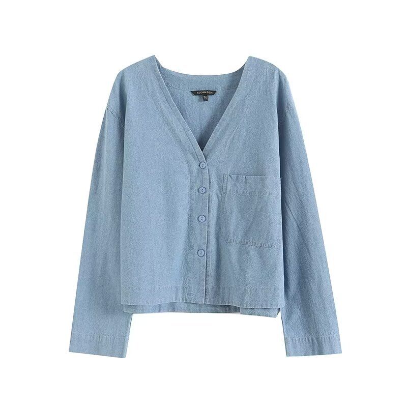 Fashion Style 2024 Summer New Arrival Women's Clothing Commute Style Pure Cotton Short Version V-neck Long Sleeve Shirt 05190590406