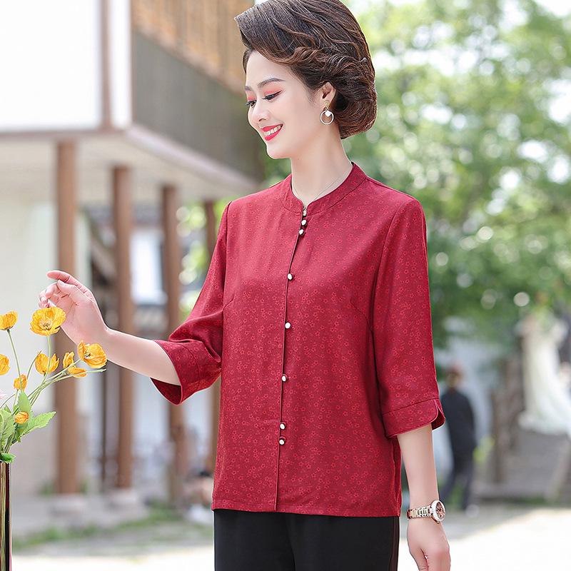 Mom s Summer Silk Seven-Sleeve Shirt - Floral Design for Middle-Aged & Elderly Women L (85-105 jin) красный