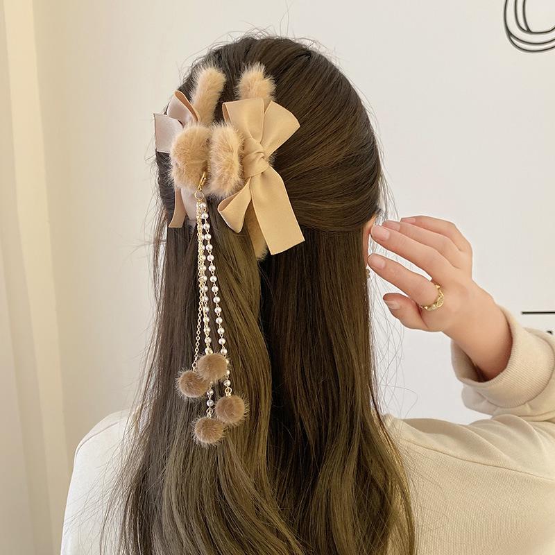 Korean Style Plush Bow Hair Clip with Tassel - Autumn/Winter Women's Hair Accessory