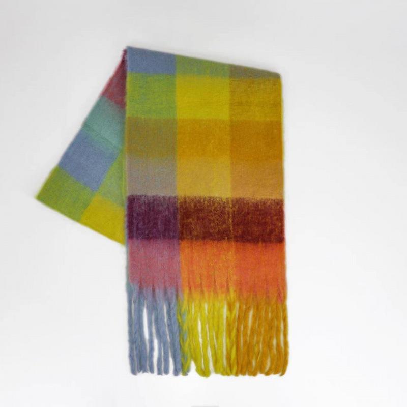 Autumn and winter European and American color matching AC imitation cashmere thick fringed scarf rainbow plaid mohair warm female student plus