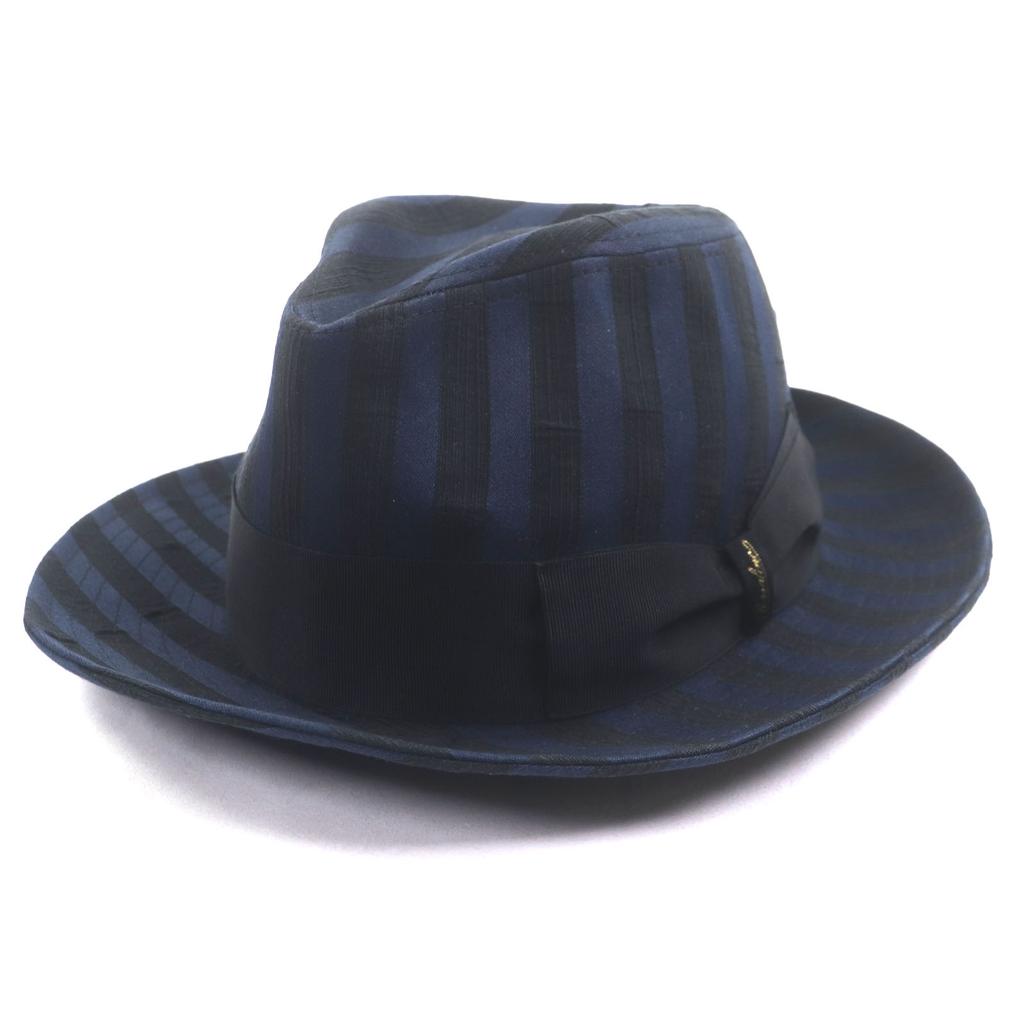 Great Borsalino hat Stripe Pattern Logo Ribbon Fedora Navy black cotton mens 57 Used