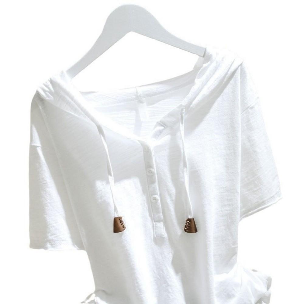 Thin Henley Shirt Hoodie Loose Fit Women's Top Elegant Hooded Short Sleeve T-Shirt Women