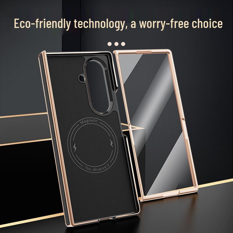 Genuine Leather Magnetic Phone Case for Samsung Z Fold7/6 - Electroplated Lychee Pattern Protective Shell with Integrated Film.