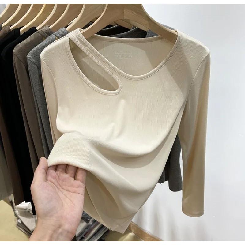Threaded Long-sleeved T-shirt for Women in Spring and Autumn New Slim Stretchy Inner Bottoming Hollow Top