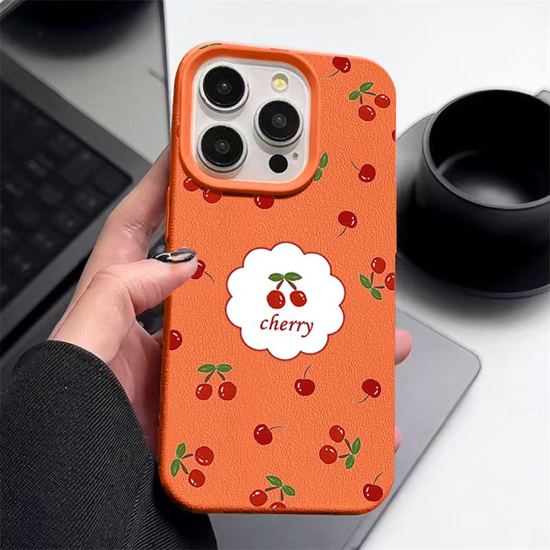 Cherry Pattern Leather Texture Plain Color Shell for iPhone 16 Pro 15 14 13 12 Pro Max 11 Soft Tpu Shockproof Matte Case Cover