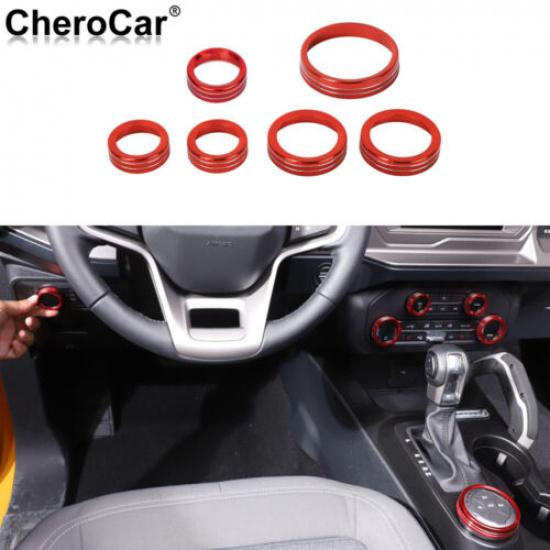 6X Air Conditioner/Headlight/Radio Switch Knob Trim Ring for Ford Bronco 21+ Red