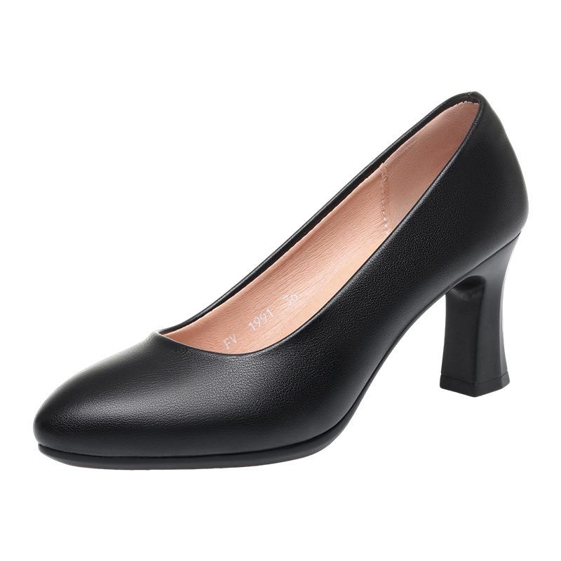Professional Commuter Shoes, Mid-to-high Heels, Versatile Formal Leather Shoes, Women's Black Work Shoes