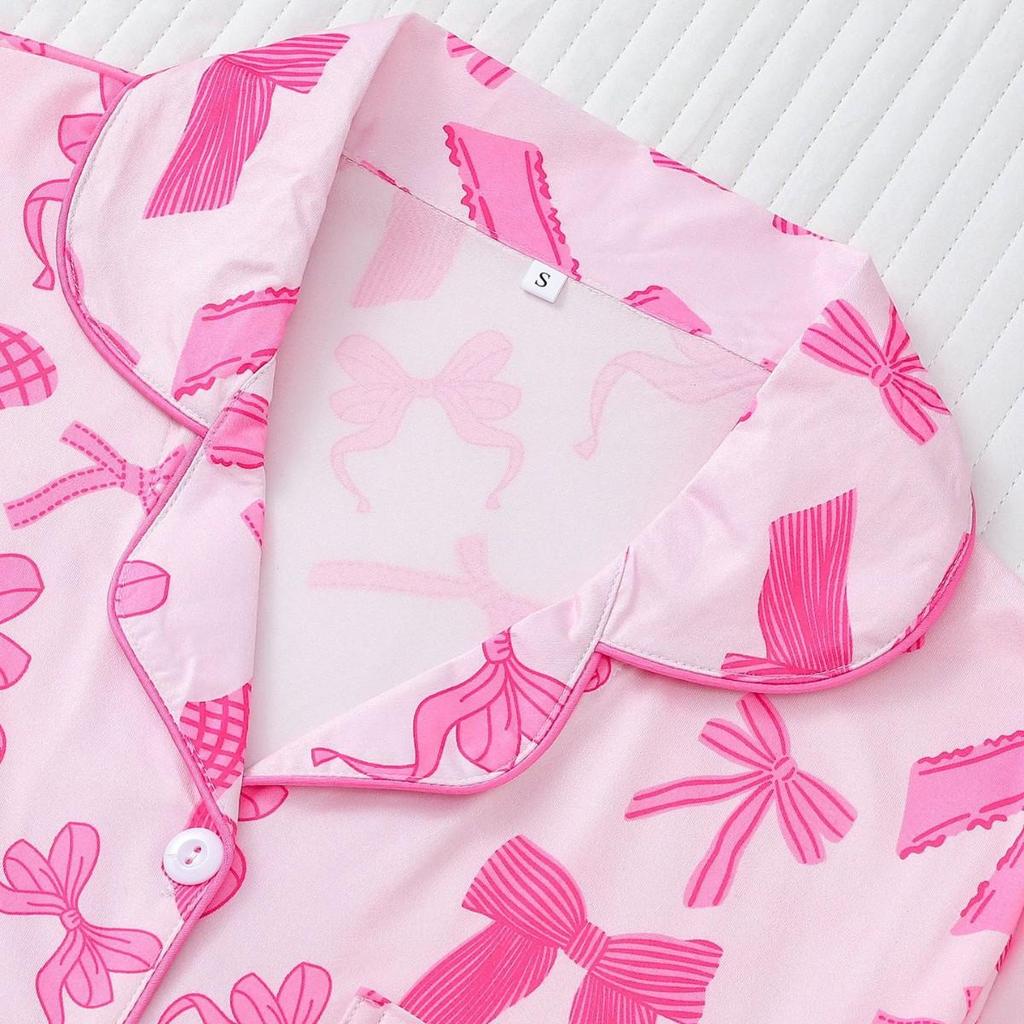 European and American Women's Bow Print Lapel Short Sleeve Pajama Set