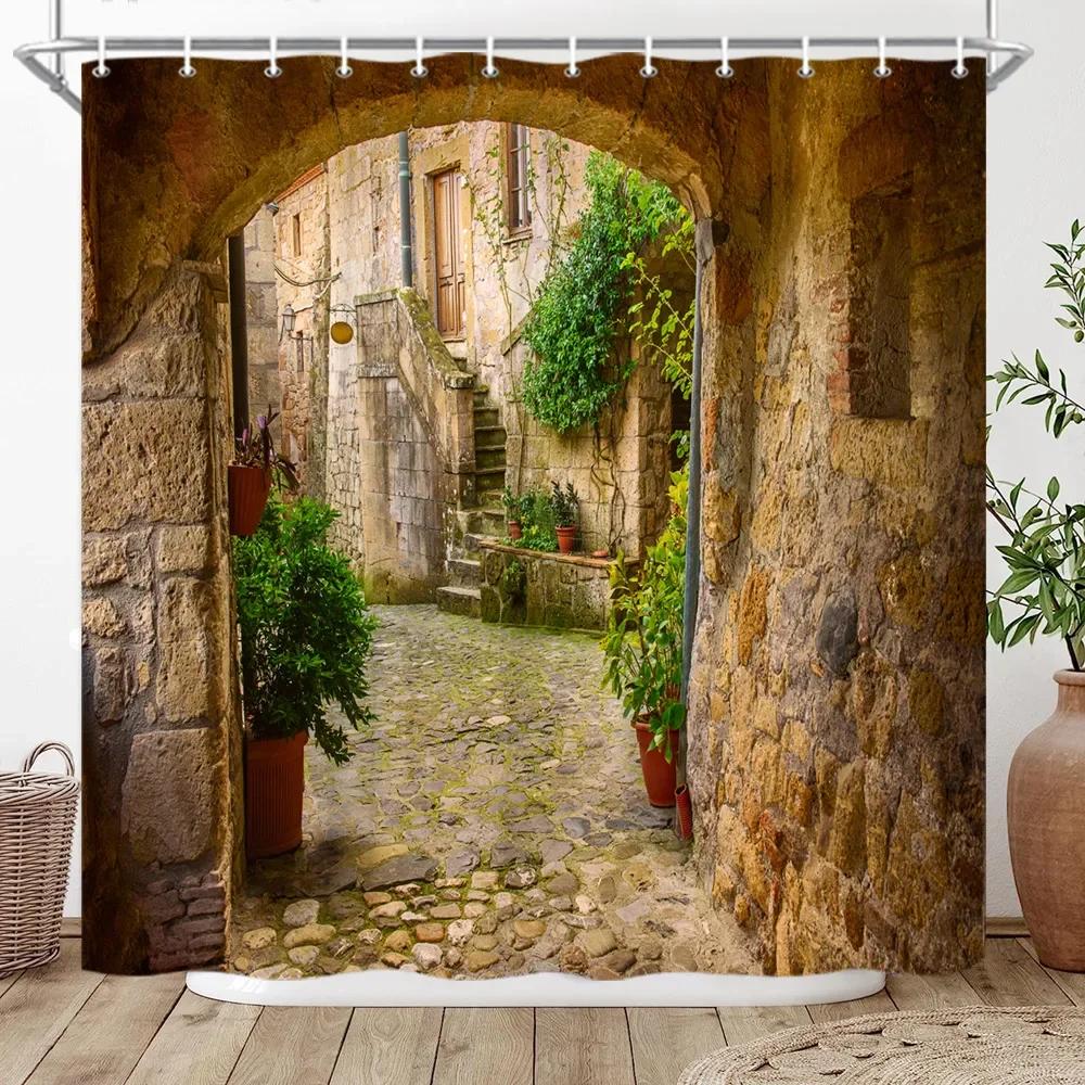

3D Roman Column Palace Sea View Shower Curtain Green Palm Tree Lake Landscape Bathroom Decor Bath Curtain Polyester Fabric Hooks 240x180cm-94x70in