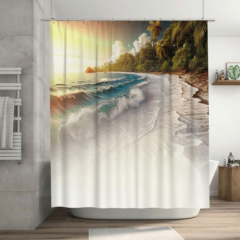 Beach Shower Curtain Beautiful Ocean Waves Palm Trees Design For Bathroom Decor Waterproof Fabric White And Blue Color Scheme