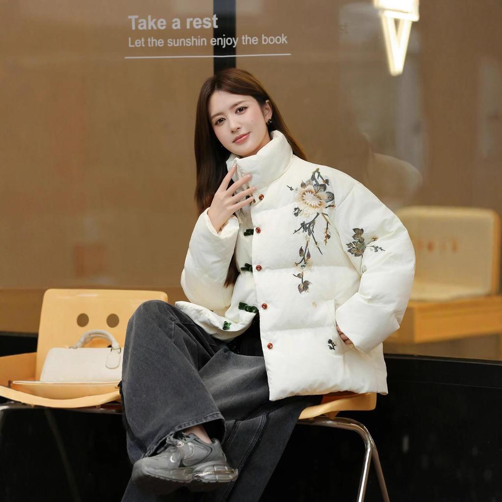 Women's 2025 Winter Ethnic Embroidered Down Jacket - Stand Collar, Frog Button, White Duck Down, Loose Fit