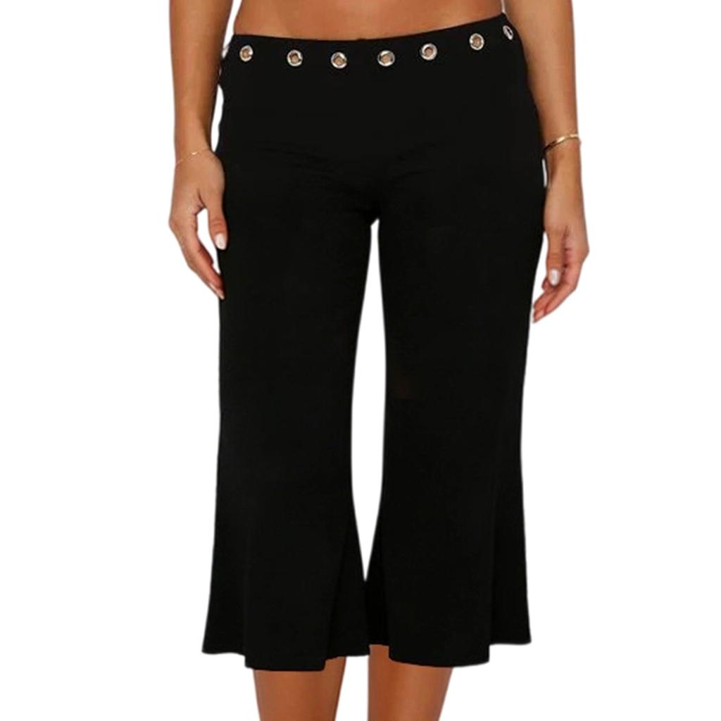 Women Slim Fit Flared Capri Pants Seven Quarter Length Casual Streetwear Sport Trousers with Waist Eyelet Detail