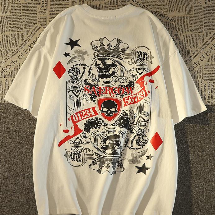

New American Retro Street Skull Print High Quality Summer Unisex Fashion Loose Breathable Crew Neck Short Sleeve Top S разноцветный